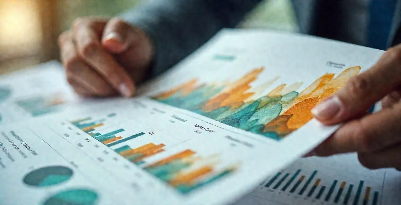 Gros plan sur des mains tenant un rapport avec des graphiques colorés abstraits