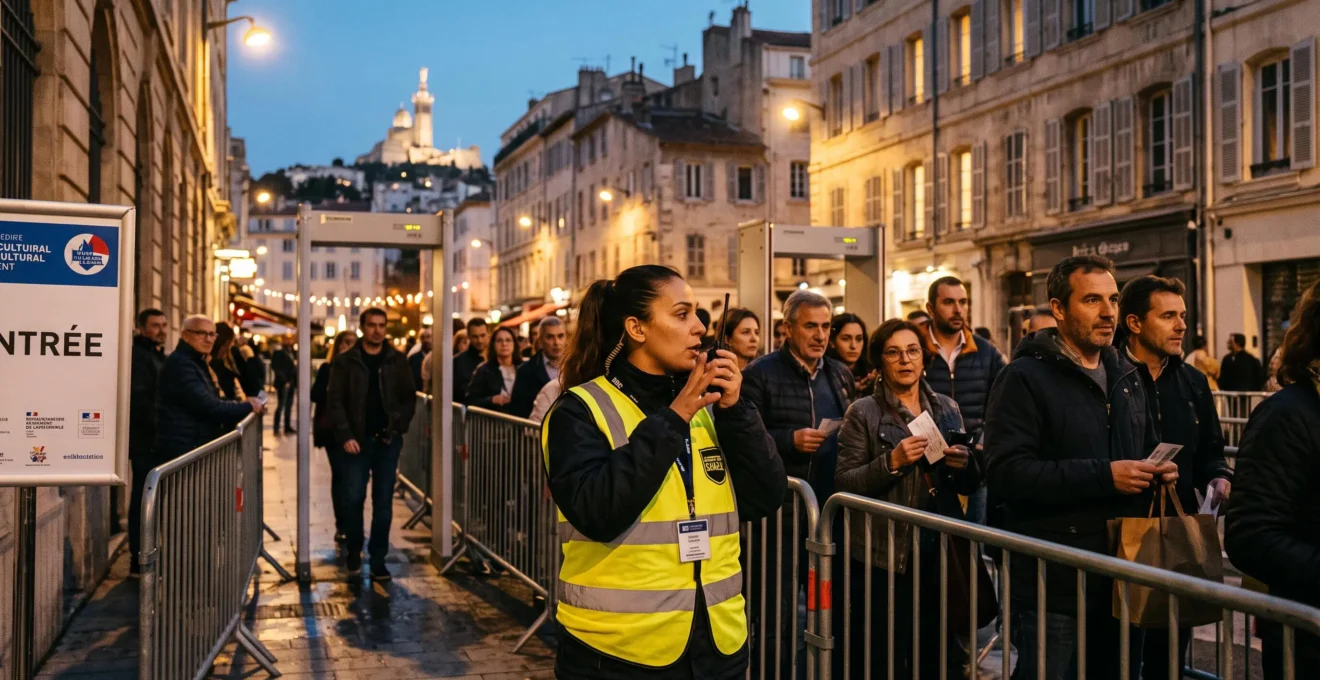 Un agent en gilet réfléchissant coordonne la file d'attente d'un événement en soirée.
