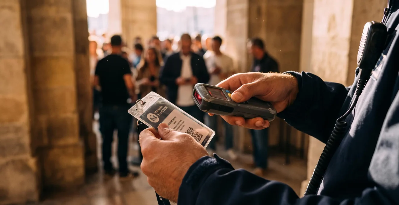 Un agent vérifie un badge d'accès avec un lecteur portatif à l'entrée du site.